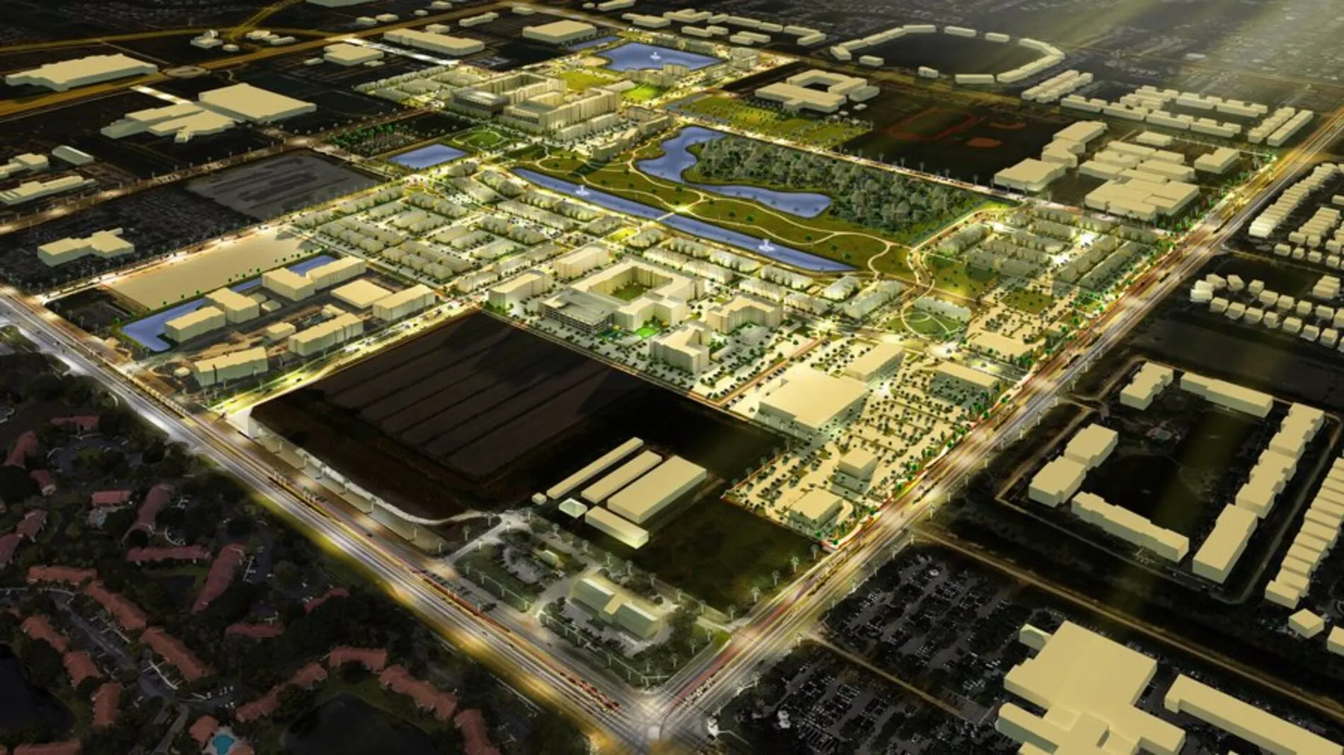 master plan view of the Mainstreet at Coconut Creek development showing residential, commercial, and green zones with street lighting and water features.
